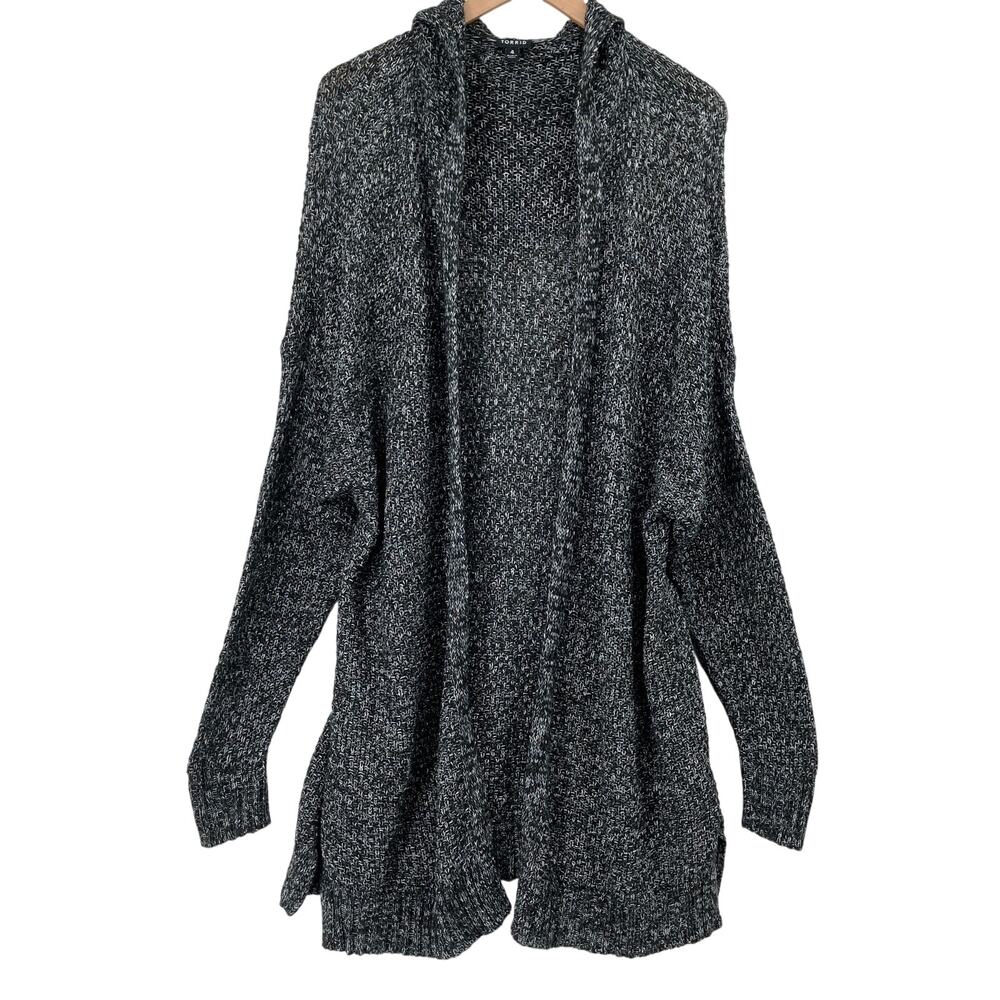 Torrid Womens Size 4 4X Hooded Cardigan Sweater Black Gray Marled Open Front